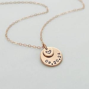 Custom Layered Disk Necklace, Personalized Disk Necklace, Date and Initials, Heart, Engraved Necklace, Gold, Silver, Rose Gold