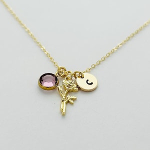 Flor de nacimiento, Inicial, Piedra de nacimiento, Collar con dije, Personalizado, Collar personalizado, Regalo, Cumpleaños, Flor familiar
