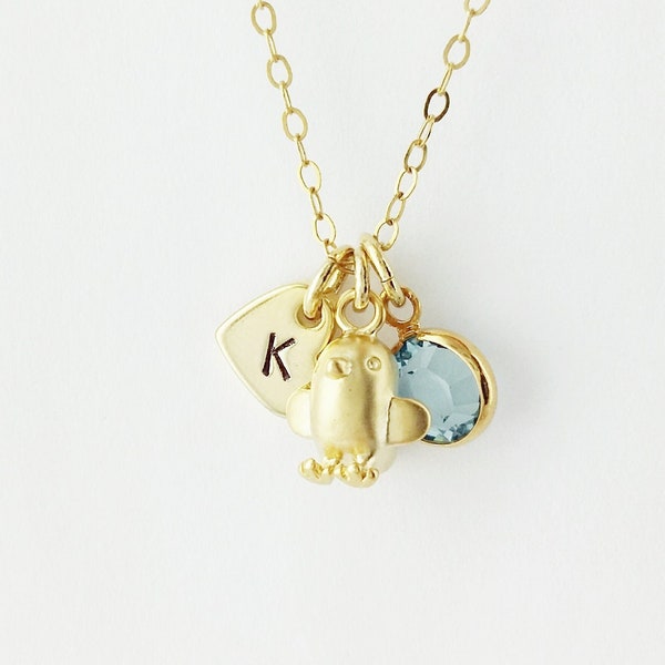 Teeny Chick Charm Necklace, Gold, Silver, Initial Necklace, Birthstone Necklace, Chick Necklace, Daughter, Personalized Gift, Kid, Easter
