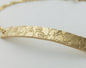 Lg. Family Garden Bracelet - Long Bar, Custom Family Birth Flowers, Choose Your Flowers, Personalized Family Flowers, Mom, Grandma Gift
