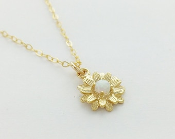 Dainty Opal Flower Necklace, Sunflower, Opal, Birthstone, Dainty necklace, Daisy, Gemstone Necklace, Delicate Opal Jewelry