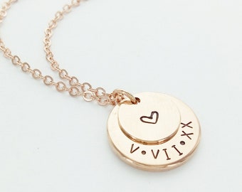 Custom Layered Disk Necklace, Personalized Disk Necklace, Date and Initials, Heart, Engraved Necklace, Gold, Silver, Rose Gold