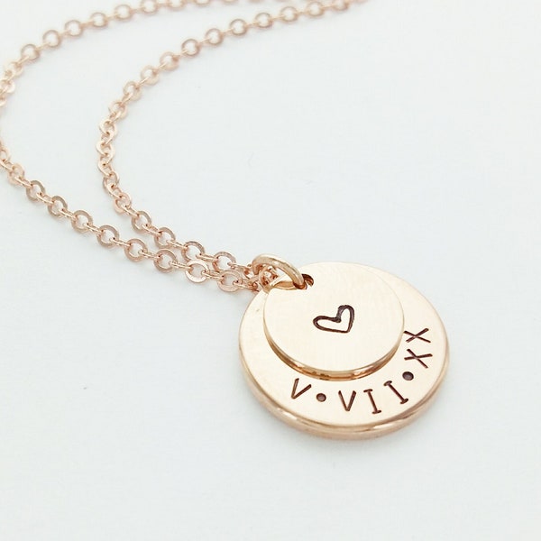 Custom Layered Disk Necklace, Personalized Disk Necklace, Date and Initials, Heart, Engraved Necklace, Gold, Silver, Rose Gold