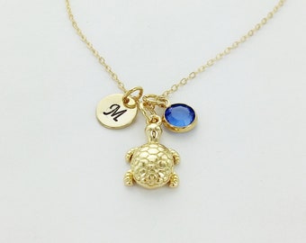 Turtle Charm Necklace, Gold, Initial Necklace, Birthstone Necklace, Turtle Necklace, Daughter, Personalized Gift, Tiny, Gift