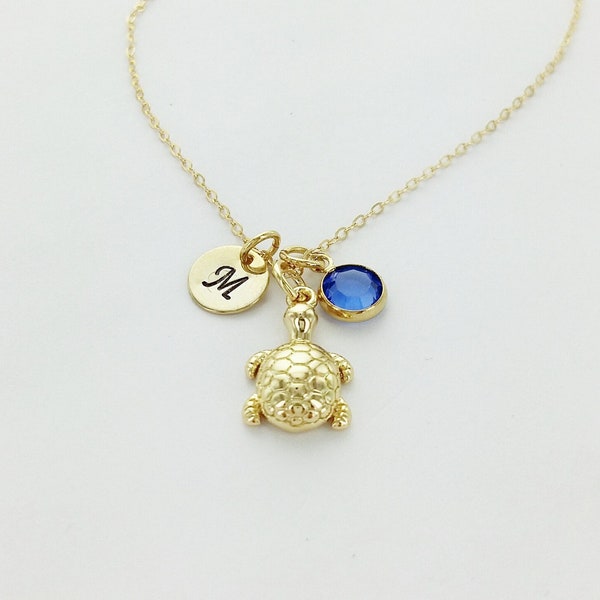 Turtle Charm Necklace, Gold, Initial Necklace, Birthstone Necklace, Turtle Necklace, Daughter, Personalized Gift, Tiny, Gift