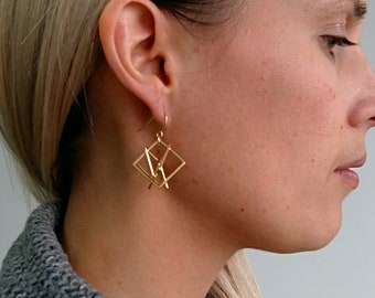 Geometric Cube Earrings, Geometric Earrings, Geometric Jewelry, Dangle, Long Earrings, Gold Earrings, Girlfriend Earrings, Gift