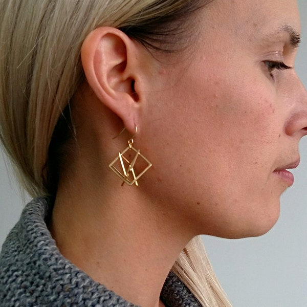 Geometric Cube Earrings, Geometric Earrings, Geometric Jewelry, Dangle, Long Earrings, Gold Earrings, Girlfriend Earrings, Gift