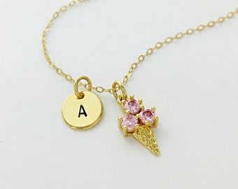 Teeny Ice Cream and Initial Charm Necklace, Gold, Initial Necklace, Daughter, Personalized Gift, Tiny, Gift