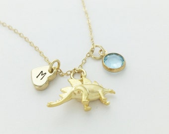 Dinosaur Charm Necklace, Gold or Silver, Initial Necklace, Birthstone Necklace, Stegosaurus Necklace, Daughter, Personalized Gift, Gift