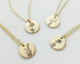 Dainty Birth Flower Necklace, 9mm Disk, Mother's Day, Birthday Gift, Custom Personalized Necklace, Family Necklace