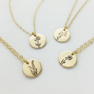 Dainty Birth Flower Necklace, 9mm Disk, Mother&#39;s Day, Birthday Gift, Custom Personalized Necklace, Family Necklace