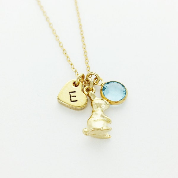 Bunny Charm Necklace, Initial Necklace, Birthstone Necklace, Bunny Necklace, Bunny Jewelry, Personalized Necklace, Gift, Daughter, Rabbit