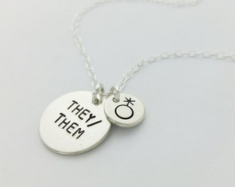 They/Them Necklace, Non-binary, Pride, Dainty Disk Necklace, Gold or Silver