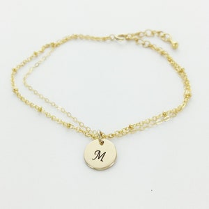 Custom Double Strand Initial Bracelet, Waterproof, Engraved Initial, 14kt Gold Initial, Layering Bracelet, Double Wrap, Personalized Disc