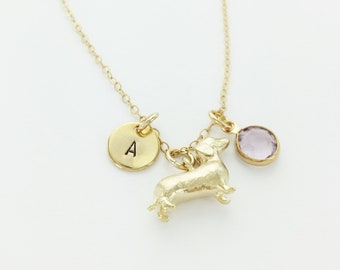 Dachshund Charm Necklace, Initial Necklace, Birthstone Necklace, Weiner Dog Necklace, Daughter Jewelry, Personalized Necklace, Gift, Dog