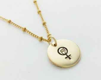 Feminist Fist Necklace, Female Symbol, Engraved Disk Necklace, Resist, Protest, Smash the Patriarchy, Power, Gold, Silver, Rose Gold, Gift