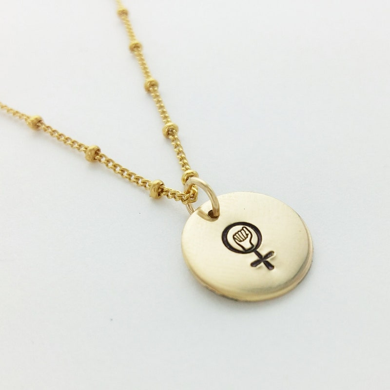 Feminist Fist Necklace, Female Symbol, Engraved Disk Necklace, Resist, Protest, Smash the Patriarchy, Power, Gold, Silver, Rose Gold, Gift
