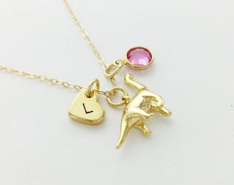 Dinosaur Charm Necklace, Gold or Silver, Initial Necklace, Birthstone Necklace, Brontosaurus Necklace, Daughter, Personalized Gift, Gift
