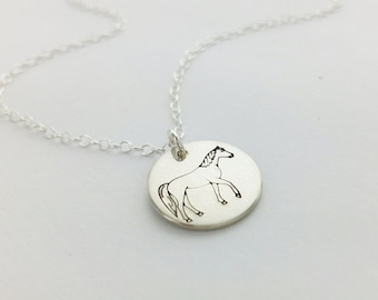 Horse Disk Necklace, Hand Stamped, Water proof, Daughter Gift, Horse Lover