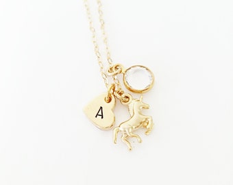 Unicorn Charm Necklace, Gold, Silver, Rose Gold, Initial Necklace, Birthstone Necklace, Unicorn Necklace, Daughter, Personalized Gift, Kid