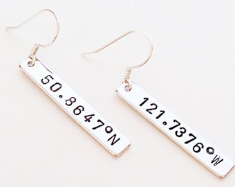 Coordinates Earrings, Personalized, Name, Initials, Silver, Rose Gold, Gold, Custom Earrings, Latitude Longitude, Engraved Earrings, Gift