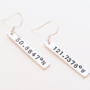 Coordinates Earrings, Personalized, Name, Initials, Silver, Rose Gold, Gold, Custom Earrings, Latitude Longitude, Engraved Earrings, Gift image 1