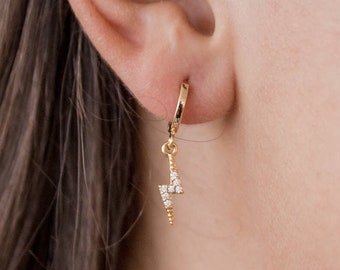 Lightning Bolt Drop Charm Hoops, Lever Back Earrings, Hoop, Gift For Her, Gold Huggie, Dangle Crystal