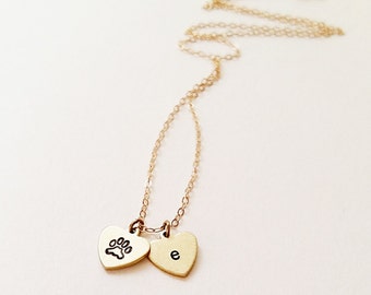 Pet Initial Heart Necklace // 14kt Gold //  Initial Necklace // Custom Pet Necklace // Paw Print Necklace // Best Friends