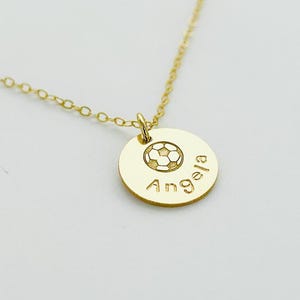 Soccer Necklace, Personalized Soccer Name Necklace, Hand Engraved, Name and Soccer Ball Necklace, Gold Fill, Sterling, Rose Gold Fill, Gift