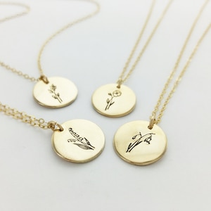 Birth Flower Necklace, 12mm Disk, Mother&#39;s Day, Birthday Gift, Custom Personalized Necklace, Family Necklace