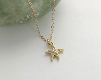 Tiny Cubic Zirconia Starfish Necklace, Gold Dainty Starfish Charm, Silver Starfish, Beach Necklace, Dainty Necklace, 14kt Gold Fill