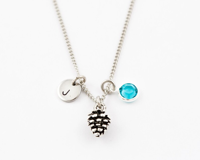 Pinecone charm necklace initial birthstone necklace pine cone necklace charm jewlery personalized necklace tree jewelry