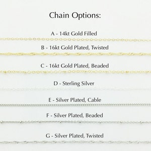 May include: A close-up of seven different chain styles for jewelry. The chains are arranged in rows, with the chain type and metal listed below each row. The chain types include 14kt gold filled, 16kt gold plated, twisted, beaded, sterling silver, silver plated, cable, and silver plated, twisted.