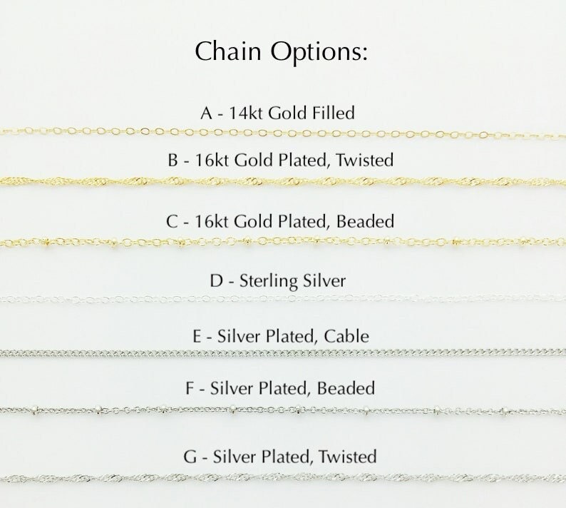 May include: A close-up of seven different chain styles for jewelry. The chains are arranged in rows, with the chain type and metal listed below each row. The chain types include 14kt gold filled, 16kt gold plated, twisted, beaded, sterling silver, silver plated, cable, and silver plated, twisted.