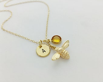 Collier avec breloques abeille, or, argent, collier initiale, collier avec pierres de naissance, collier abeille, fille, cadeau personnalisé, petit, cadeau