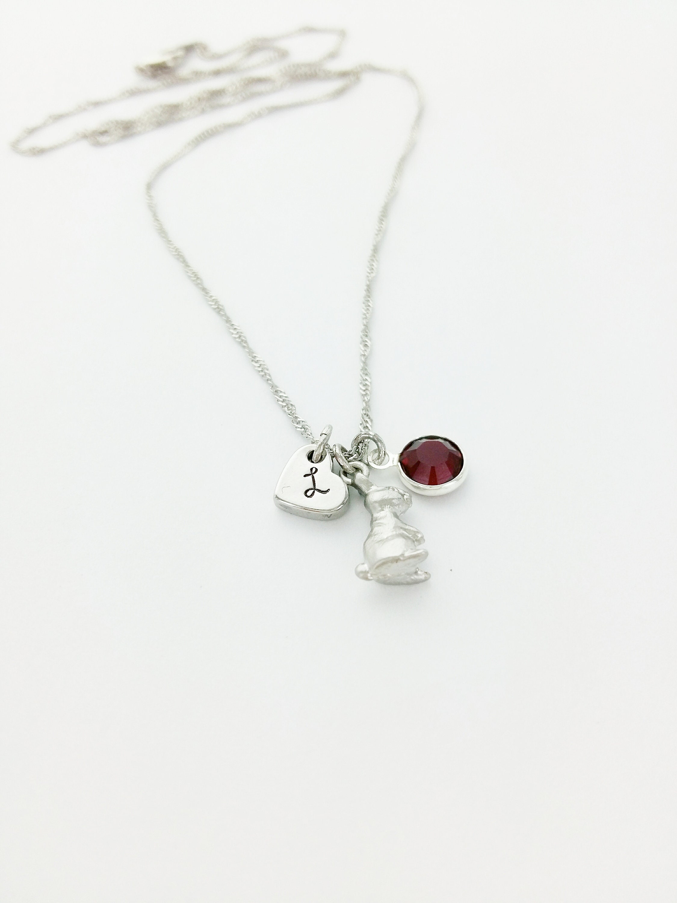 Bunny Charm Necklace, Initial Necklace, Birthstone Necklace, Bunny Necklace, Bunny Jewelry, Personalized Necklace, Gift, Daughter, Rabbit