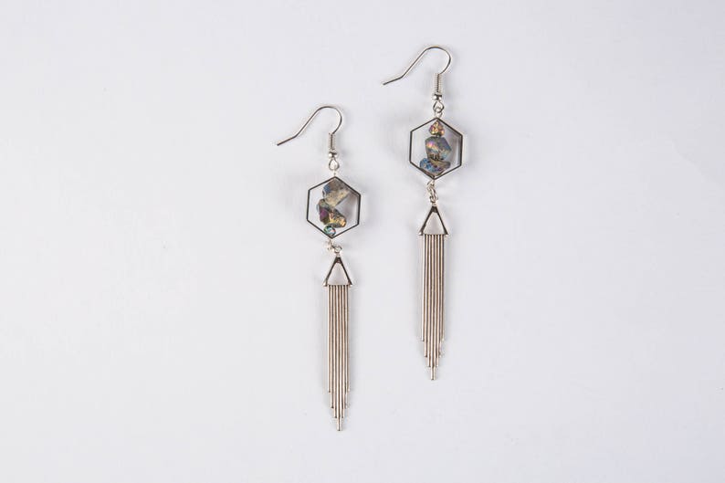 Mystic Quartz Geometric Earrings // Geometric Jewelry // Dangle Earrings // Stone Earrings // Stone and Metal earrings // Mystic Quartz image 2