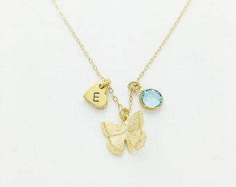 Butterfly Charm Necklace, Gold, Silver, Initial Necklace, Birthstone Necklace, Butterfly Necklace, Daughter, Personalized Gift, Tiny, Gift