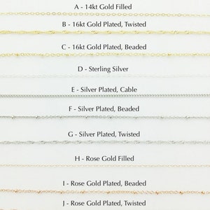 May include: A visual guide to different chain options for jewelry.  The chains are arranged in rows, with each row labeled with a letter and a description of the chain type.  The chain types include 14kt Gold Filled, 16kt Gold Plated, Twisted, 16kt Gold Plated, Beaded, Sterling Silver, Silver Plated, Cable, Silver Plated, Beaded, Silver Plated, Twisted, Rose Gold Filled, Rose Gold Plated, Beaded, and Rose Gold Plated, Twisted.