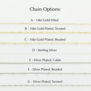 May include: Seven different chain styles for necklaces, including 14kt gold filled, 16kt gold plated, sterling silver, and silver plated. The chains are shown in rows, with the chain type and description labeled below each row.