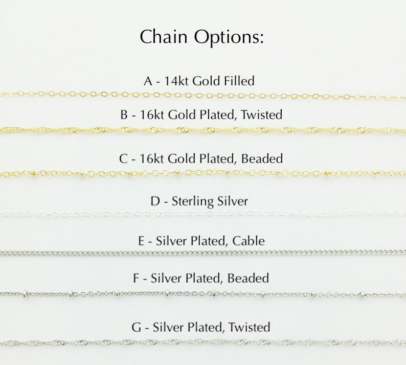 May include: Seven different chain styles for necklaces, including 14kt gold filled, 16kt gold plated, sterling silver, and silver plated. The chains are shown in rows, with the chain type and description labeled below each row.