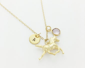 Prancing Horse Charm Necklace, Initial Necklace, Birthstone Necklace, Horse Necklace, Daughter Jewelry, Personalized Necklace, Gift, Love