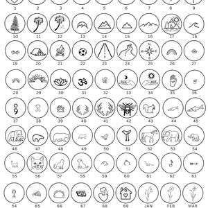 May include: A chart displaying various symbols within circles, including hearts, stars, mountains, animals, and flowers. The text "Available Symbols (size relative to 12mm disk)" is at the top, indicating the size of the symbols.