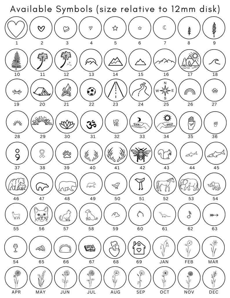 May include: A chart displaying various symbols within circles, including hearts, stars, mountains, animals, and flowers. The text "Available Symbols (size relative to 12mm disk)" is at the top, indicating the size of the symbols.