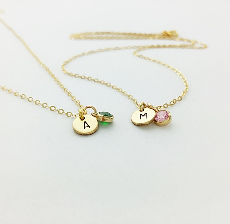Teeny Initial and Birthstone Necklace, Waterproof, Gold Filled, Sterling Silver, Initial Necklace, Personalized Initials, Birthstone, Gift image 1