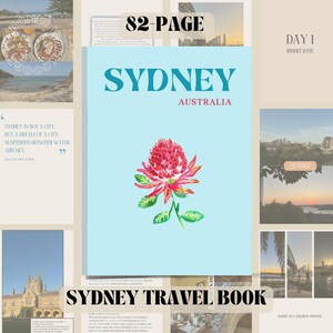 Könnte beinhalten: Hellblaues Reisebuchcover mit dem Wort "SYDNEY" in Teal und "AUSTRALIA" darunter. Eine Aquarellblume ist mittig auf dem Cover platziert. Der Text "SYDNEY TRAVEL BOOK" befindet sich unten. Das Buch hat 82 Seiten.