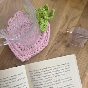 Handmade Pink Strawberry Coaster | Fruit Art Crochet Drink Mat | Unique Home Decor Gift | Recycled T-Shirt Yarn