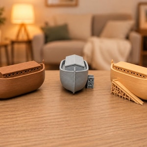May include: Three small boat figurines arranged on a surface. The left boat is brown, the center boat is light blue, and the right boat is tan with an attached ramp structure. Each boat features a rectangular cabin with small window cutouts.