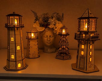 Wooden Lighthouse Lamp, Handmade Nautical Decor, Coastal Night Light, Beach House Gift, 4 Styles
