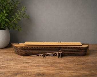 Gelaagd houten model ark van Noach | Walnoot gebeitste ark decor | Handgemaakte bijbelse scheepssculptuur | Lasergesneden houten arkdisplay | Christelijk cadeau